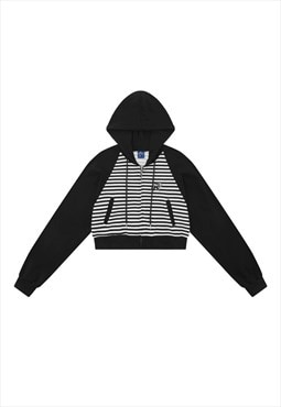 Cropped stripe hoodie zigzag pullover retro print top black