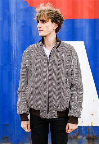 BROWN AND WHITE PATTERN JACKET WITH CHECK LINING