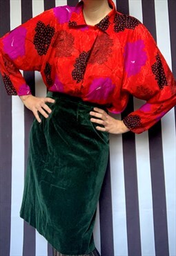 Vintage 80s red satin blouse, floral print, Uk18 plus size