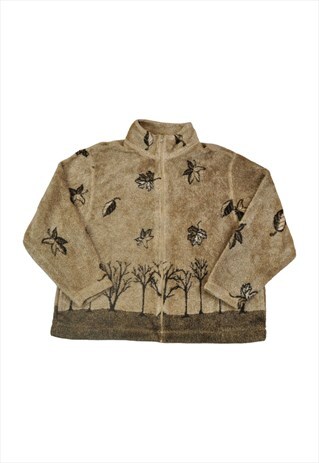Vintage Fleece Jacket Retro Leaf Pattern Brown Ladies Medium