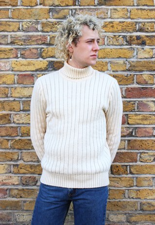 VINTAGE 70S CREAM RIBBED TURTLE NECK JUMPER