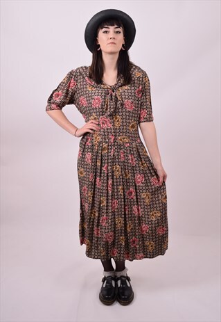 VINTAGE 80'S BROWN PINK FLOWER PRINT LENGTH DRESS 10 12 14