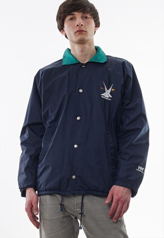 VINTAGE HELLY HANSEN SHELL WINDBREAKER COACH COAT 90S BLUE