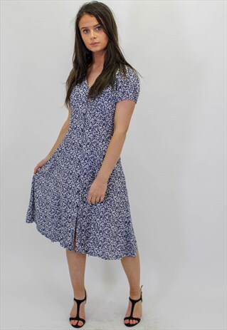 VINTAGE PARTY FLORAL SLIP MIDI DRESS IN BLUE
