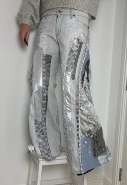 Reworked silver patchwork flare jeans