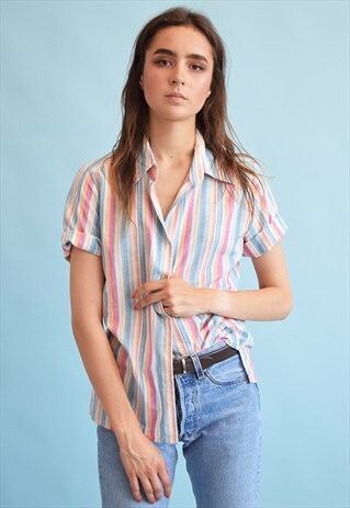 90'S RETRO STRIPED PRINT LINEN OVERSIZED BLOUSE TOP