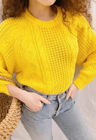 VINTAGE 80S CITRUS BOHEME CHUNKY KNIT JUMPER SWEATER YELLOW