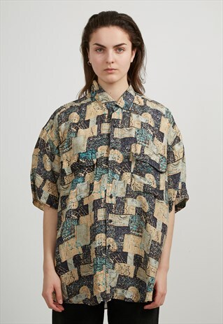 VINTAGE GREEN YELLOW SHORT SLEEVE SILK SHIRT