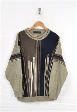 Vintage Knitted Jumper 80s Patterned Beige/Navy Medium