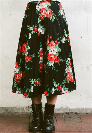 VINTAGE 70S FLORAL MIDI PLEATED SKIRT
