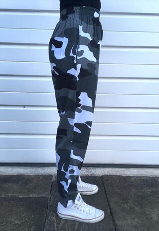 WOMENS GREY BLACK WHITE CAMOUFLAGE HIGH WAISTED TROUSERS