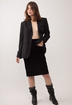 Vintage Suede Leather Black Midi Skirt