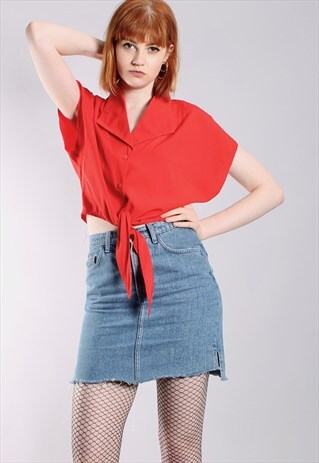 VINTAGE 80S RED BATWING TIE UP SHIRT CROP TOP