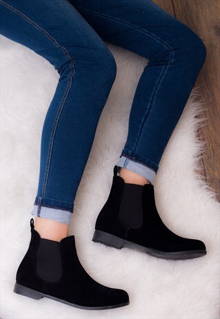 PARKIN FLAT ANKLE BOOTS SHOES - BLACK SUEDE STYLE