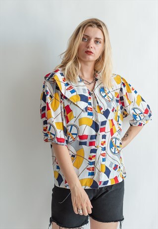 VINTAGE 80S FUNKY PATTERNED SHIRT WITH OVERSIZED COLLAR