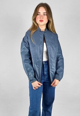 80's Vintage Ladies Blue Leather Long Sleeve Bomber Jacket