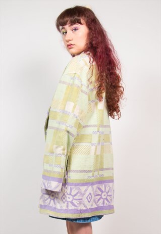 VINTAGE 90'S PASTEL GREEN CHECKED AZTEC TAPESTRY JACKET