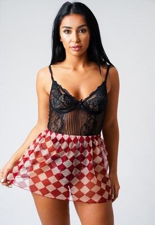 KATHERIN RED CHECK SHEER MINI SKIRT