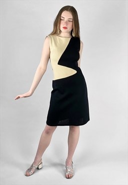 60's Vintage Cream Black Shift Mod Space Age Mini Dress