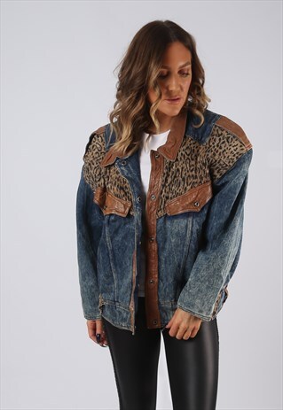 DENIM JACKET LINED 90'S OVERSIZED LEOPARD PRINT UK 16 (GJDE)