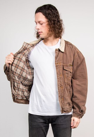 VINTAGE 90'S BROWN WRANGLER CORD COLLAR LINED DENIM JACKET