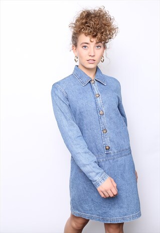 VINTAGE 90S BLUE DENIM LONG SLEEVE DRESS
