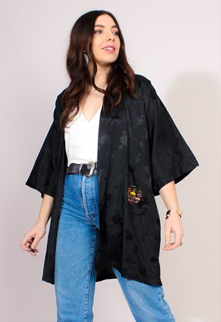 VINTAGE 80S BLACK JACQUARD HAORI KIMONO JACKET