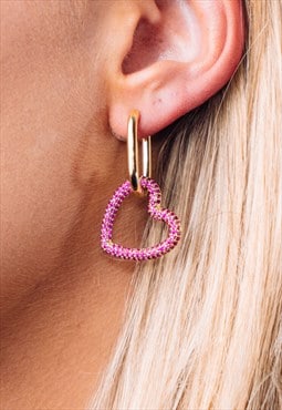 Pink Stone & Gold Heart Lock Earrings