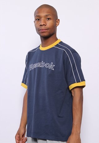 VINTAGE REEBOK BIG LOGO SPELLOUT T-SHIRT NAVY BLUE YELLOW