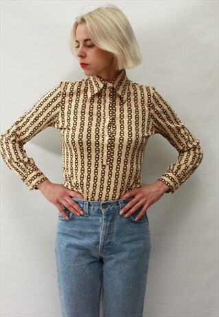 VINTAGE 60' AMAZING BEAUTIFUL CREAM SHIRT WITH PRINT