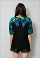 80'S VINTAGE BLACK SHORT SLEEVE SEQUIN TOP GREEN BLUE 