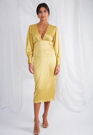 TATUM PLUNGE MIDI DRESS - YELLOW