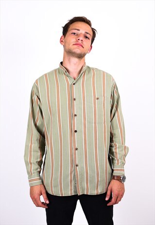 VINTAGE 90S OLIVE GREEN STRIPED COLLARLESS LONG SLEEVE SHIRT