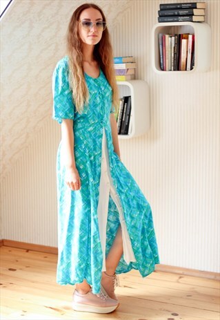 LIGHT BVLUE AND GREEN BELTED MIDI DRESS