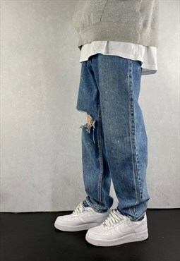 80's Levi's Blue Rip Knee Jeans Mens Paint Splatter Jeans