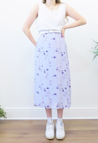 80S VINTAGE PASTEL LILAC FLORAL MIDI SKIRT