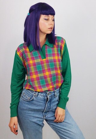 VINTAGE 80'S CHECK PLAID PATTERN SOFT KNIT SWEATER