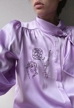 Reworked Vintage Hand Embroidered Pussy-Bow Lilac Blouse