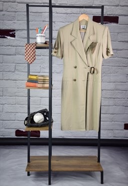 80s Vintage Preppy Beige Midi Shirt Dress Linen Blend 