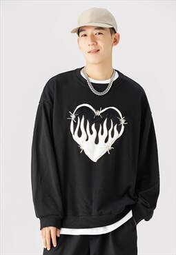 Heart patch sweatshirt flame applique jumper in black