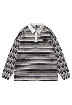 Long sleeve polo shirt horizontal stripe distressed top grey