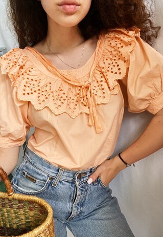 VINTAGE 80S PEACHY MILKMAID RUFFLE HAUTE BOHEME BLOUSE TOP