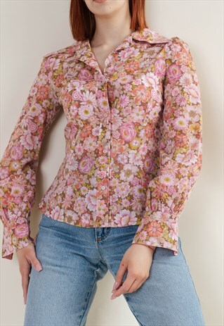 VINTAGE 70S ARROW COLLAR FITTED LONG SLEEVE FLORAL BLOUSE S