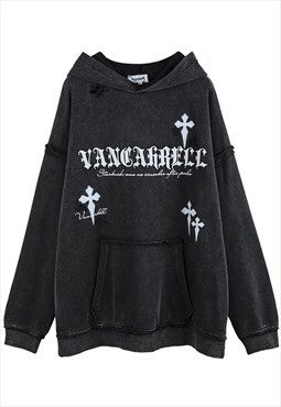 Black Washed Distressed Graphic Oversized Hoodies