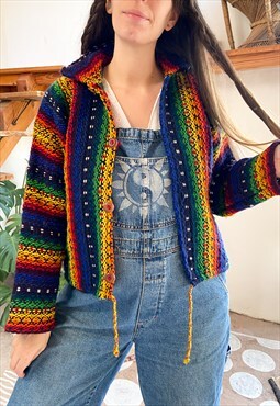 Vintage 90's Hippie Rainbow Woven Cropped Jacket - S/M