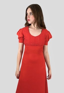 Arnel Vintage 70's Red Ruched Short Sleeve Maxi Dress.