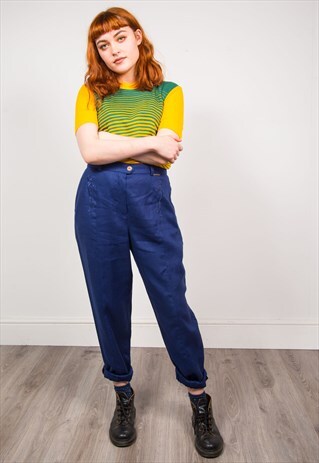 VINTAGE 90'S DARK BLUE HIGH WAIST SMART TAPERED TROUSERS