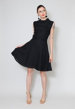 60's Vintage Black Ladies Sleeveless Shift Lace Mini Dress