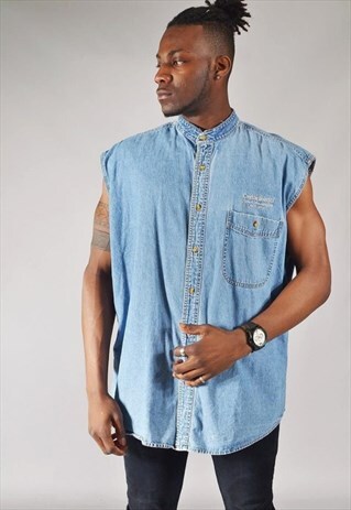VINTAGE LEE EMBROIDERED DENIM SLEEVELESS SHIRT LIGHT BLUE