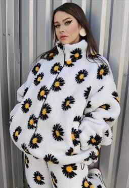 Daisy print fleece jacket handmade sunflower bomber in white